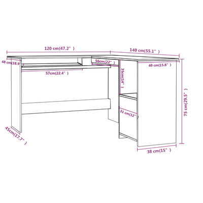 vidaXL L字型コーナーデスク ホワイト120x140x75cm エンジニアリングウッド