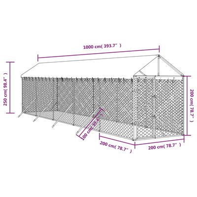 vidaXL 屋外犬小屋 屋根付き シルバー 2x10x2.5 m 亜鉛メッキ鋼製