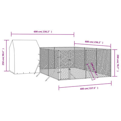 vidaXL 屋外犬小屋 屋根付き シルバー 6x6x2.5 m 亜鉛メッキ鋼製