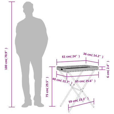 vidaXL 折りたたみトレイテーブル グレー 65x40x75cm ポリラタン製