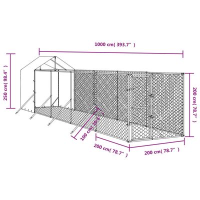 vidaXL 屋外犬小屋 屋根付き シルバー 2x10x2.5 m 亜鉛メッキ鋼製