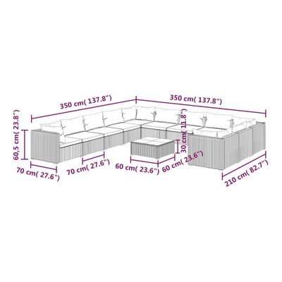 vidaXL ガーデンラウンジ12点セット クッション付き ポリラタン製 グレー (317510+317511+2x317517)