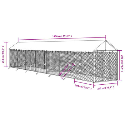 vidaXL 屋外犬小屋 屋根付き シルバー 2x14x2.5 m 亜鉛メッキ鋼製