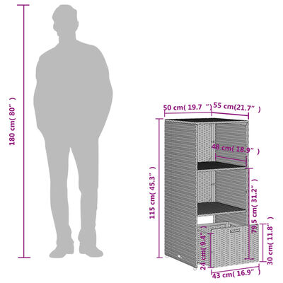 vidaXL ガーデン収納キャビネット 50x55x115 cm ポリラタン製 ブラック