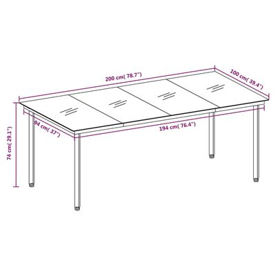 vidaXL ガーデンダイニングテーブル ブラック 200x100x74 cm スチール＆ガラス製