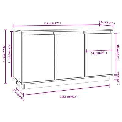 vidaXL サイドボード ホワイト 111x34x60 cm パイン無垢材