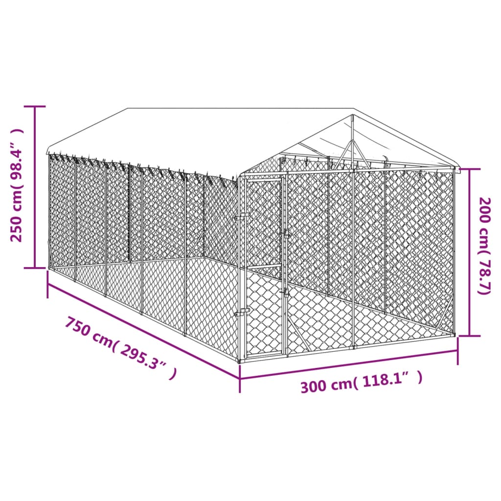 vidaXL 屋外犬小屋 屋根付き シルバー 3x7.5x2.5 m 亜鉛メッキ鋼製