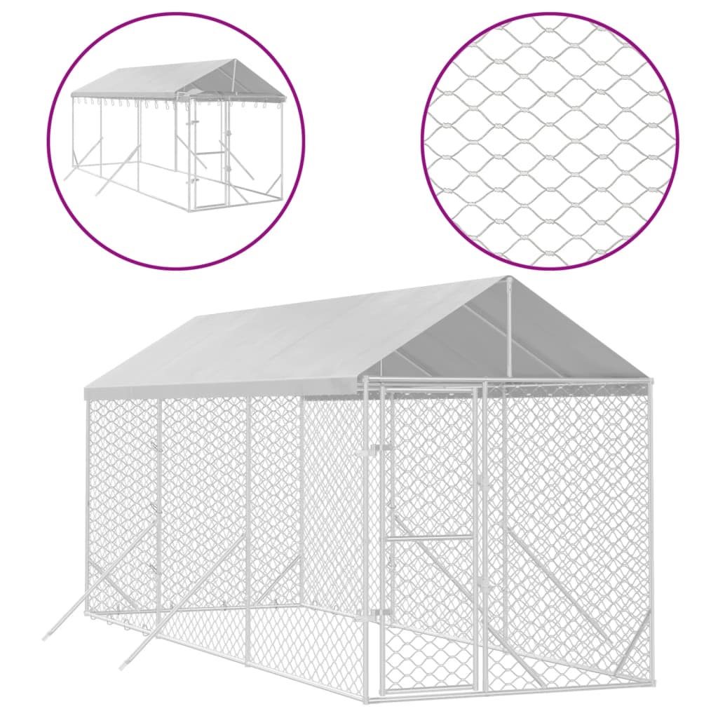 vidaXL 屋外犬小屋 屋根付き シルバー 2x6x2.5 m 亜鉛メッキ鋼製