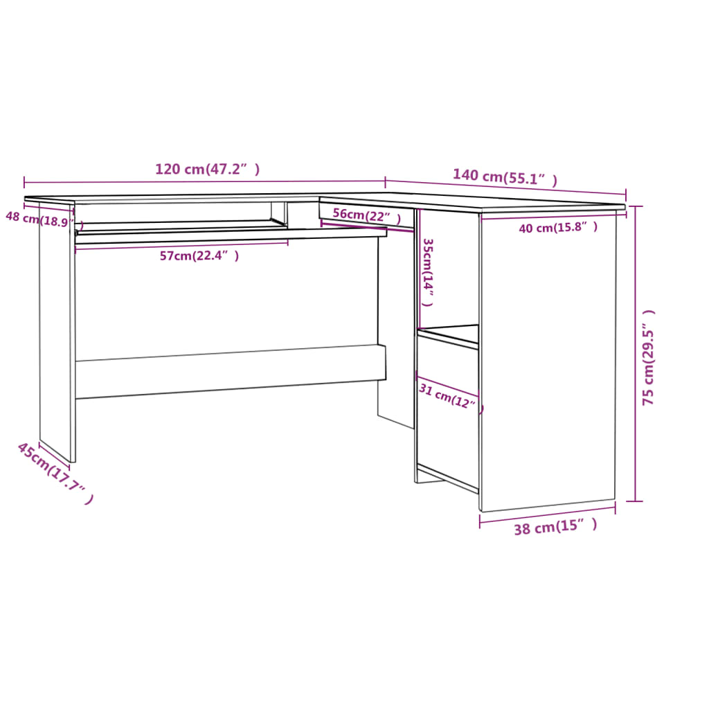 vidaXL L字型コーナーデスク ホワイト120x140x75cm エンジニアリングウッド