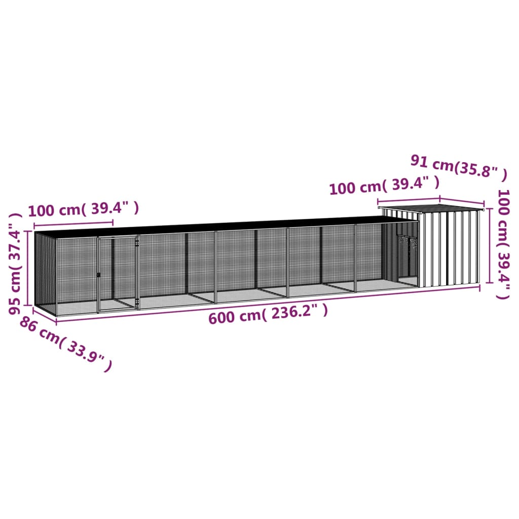 vidaXL チキンケージ グレー 600x91x100 cm 亜鉛メッキ鋼