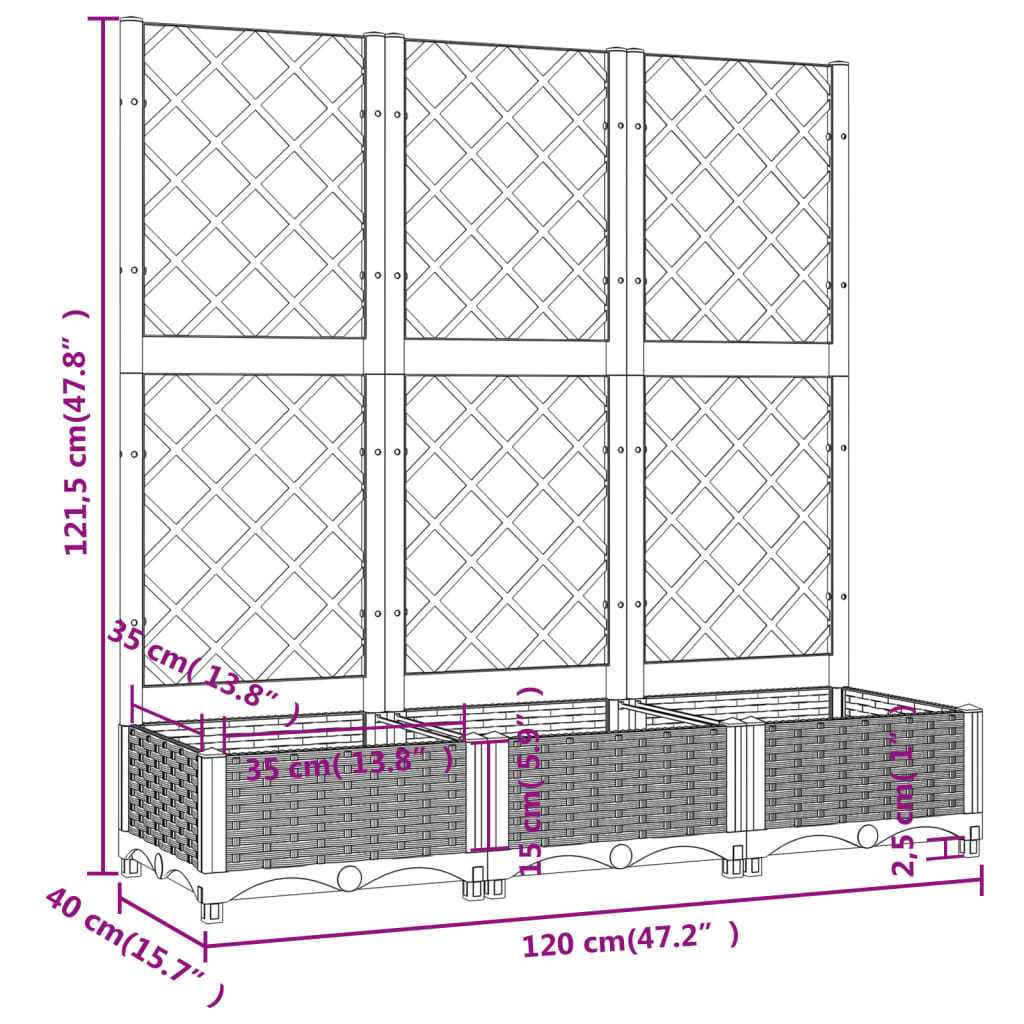 vidaXL ガーデンプランター トレリス付き ライトグレー 120x40x121.5 cm PP