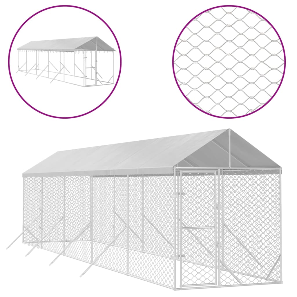 vidaXL 屋外犬小屋 屋根付き シルバー 2x10x2.5 m 亜鉛メッキ鋼製