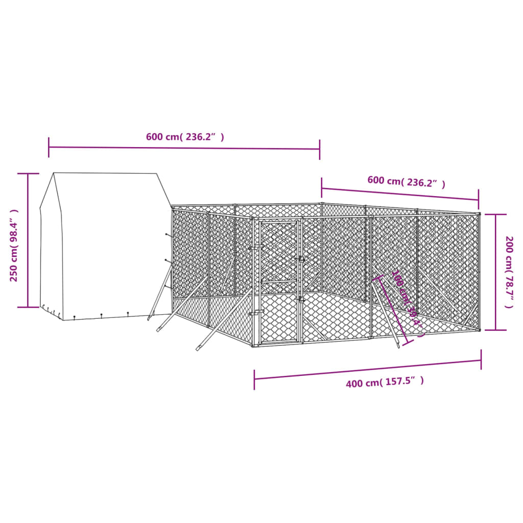 vidaXL 屋外犬小屋 屋根付き シルバー 6x6x2.5 m 亜鉛メッキ鋼製