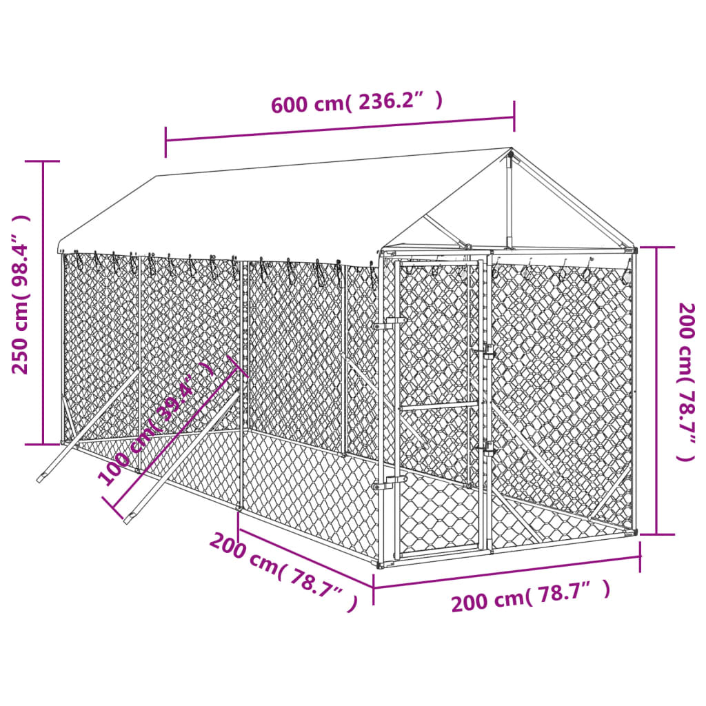 vidaXL 屋外犬小屋 屋根付き シルバー 2x6x2.5 m 亜鉛メッキ鋼製