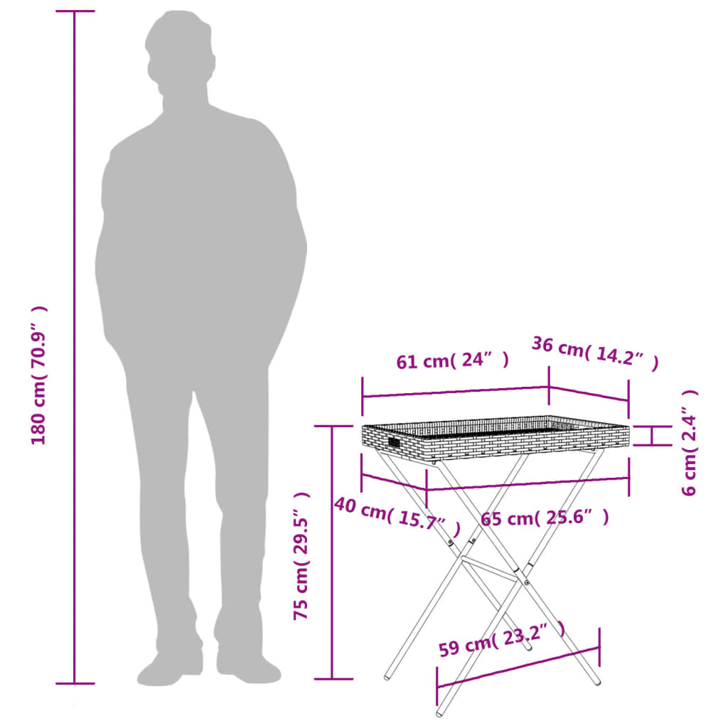 vidaXL 折りたたみトレイテーブル グレー 65x40x75cm ポリラタン製