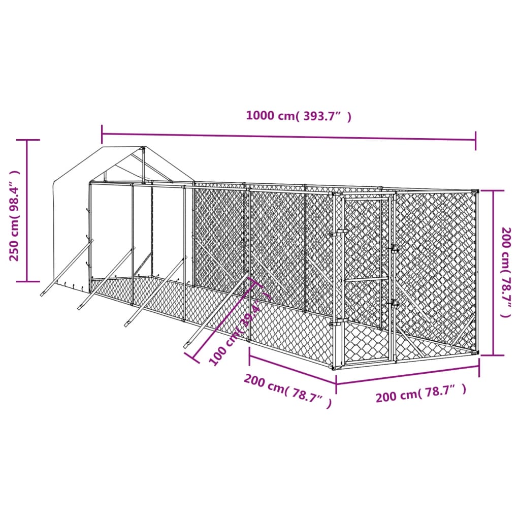 vidaXL 屋外犬小屋 屋根付き シルバー 2x10x2.5 m 亜鉛メッキ鋼製