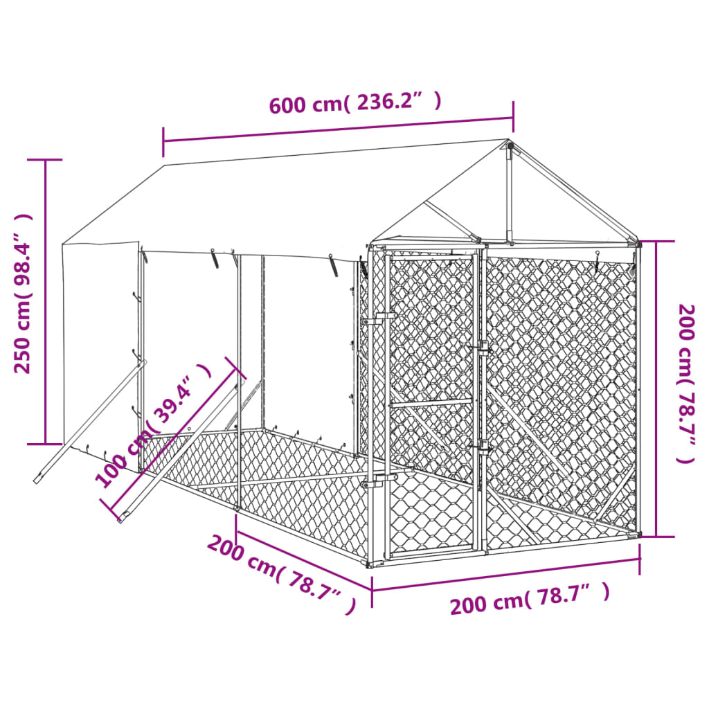 vidaXL 屋外犬小屋 屋根付き シルバー 2x6x2.5 m 亜鉛メッキ鋼製