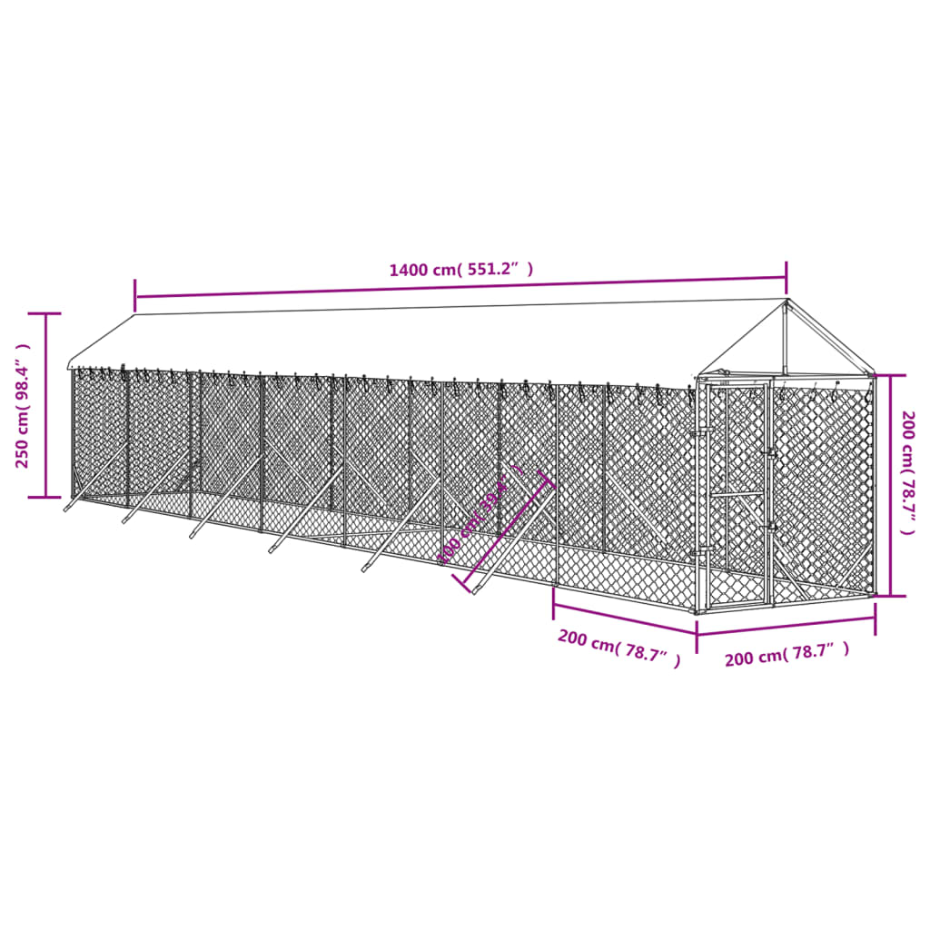 vidaXL 屋外犬小屋 屋根付き シルバー 2x14x2.5 m 亜鉛メッキ鋼製