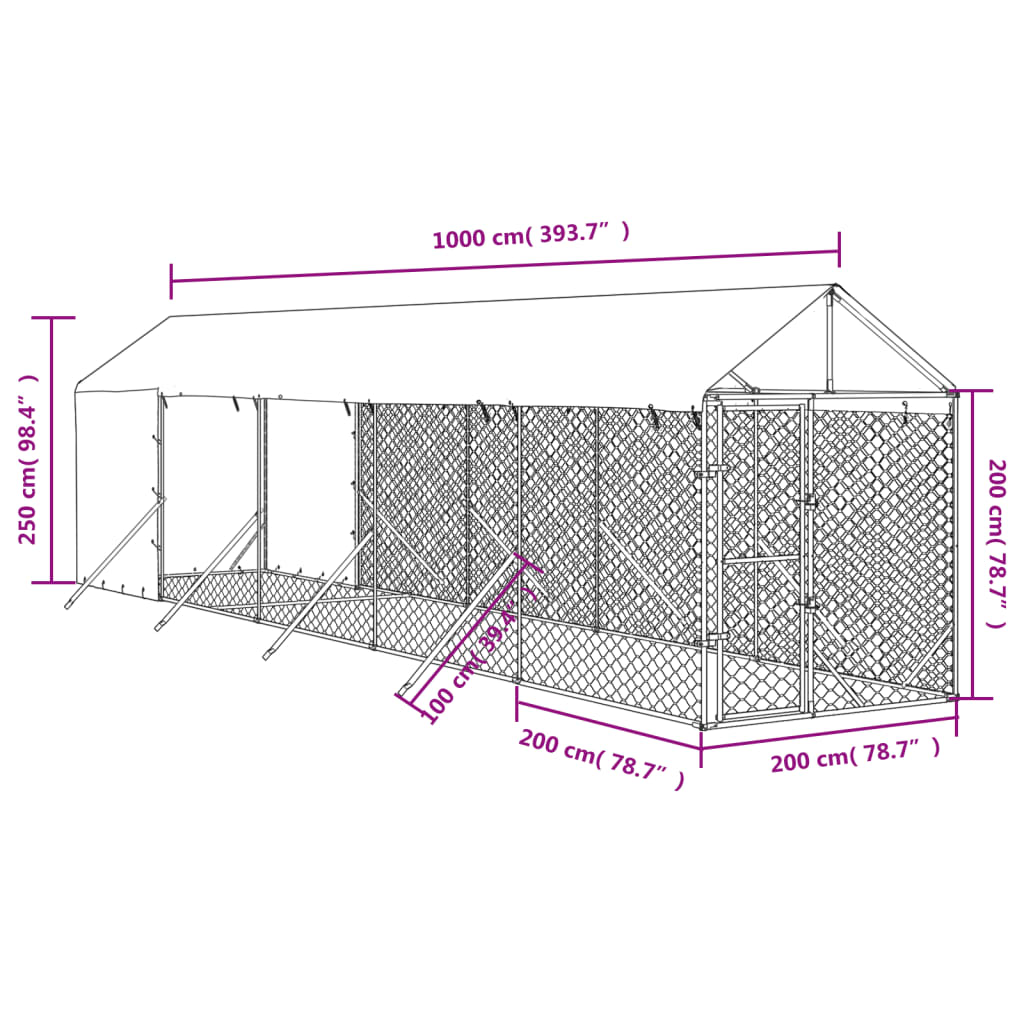 vidaXL 屋外犬小屋 屋根付き シルバー 2x10x2.5 m 亜鉛メッキ鋼製