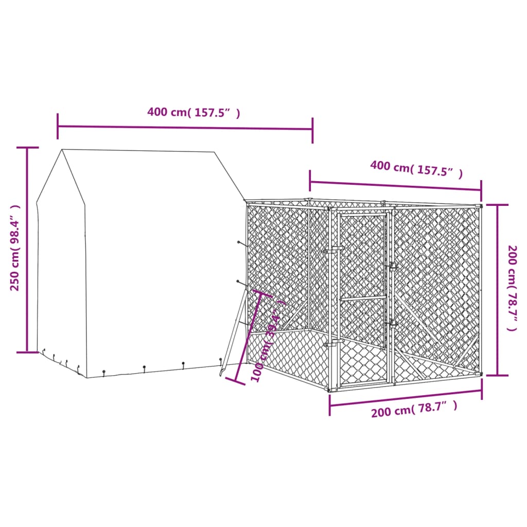 vidaXL 屋外犬小屋 屋根付き シルバー 4x4x2.5 m 亜鉛メッキ鋼製