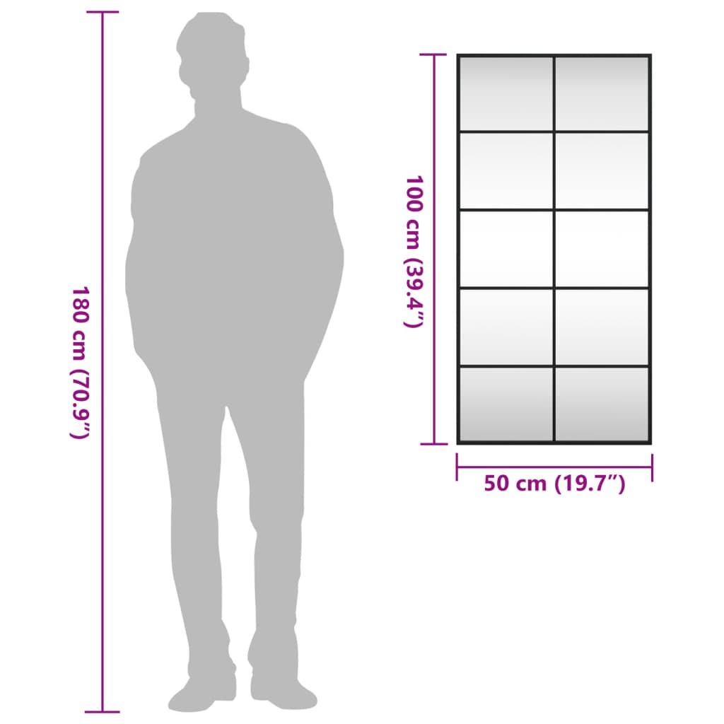 vidaXL ウォールミラー ブラック 50x100 cm 長方形 鉄製